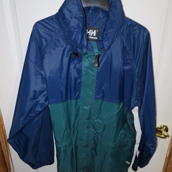 90s/2000s Helly Hansen Helly-Tech Packable Rain Jacket Green Blue XL - Picture 1 of 10